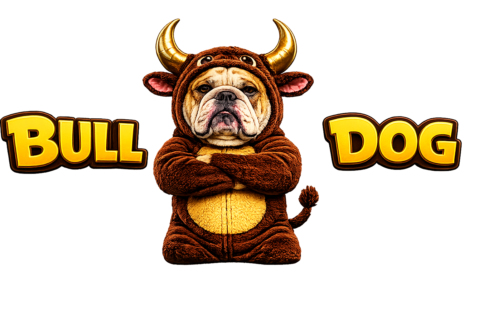 $BULLDOG — a muscular bulldog wearing a bull costume with horns, between the words BULL and DOG